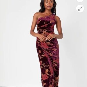 Unreal awe burgundy red floral burnout one shoulder maxi dress lulus
